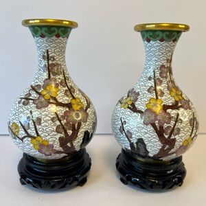 Charming Floral Cloisonné Vases with Wooden Stands